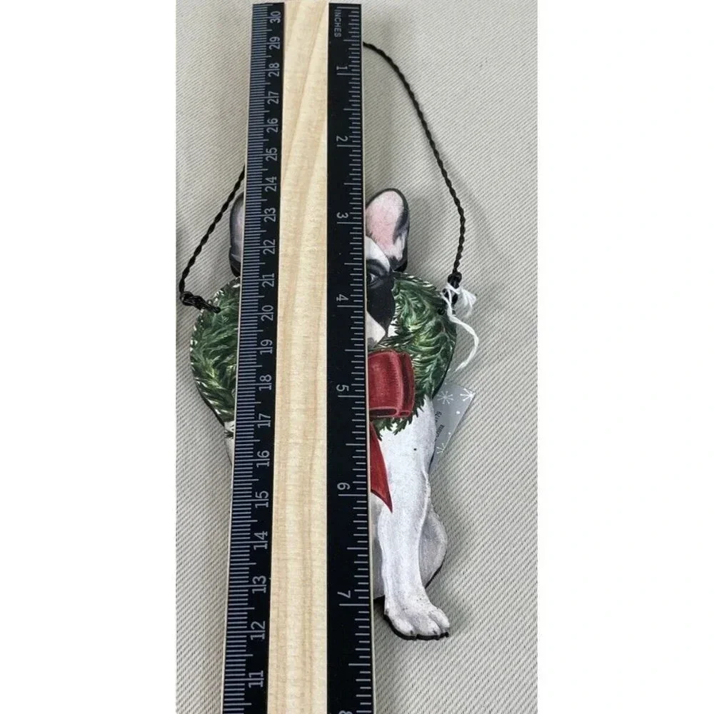 Boston Terrier Wreath Bow Dog Holiday Christmas Wood Ornament Wire Hanger 2 NEW